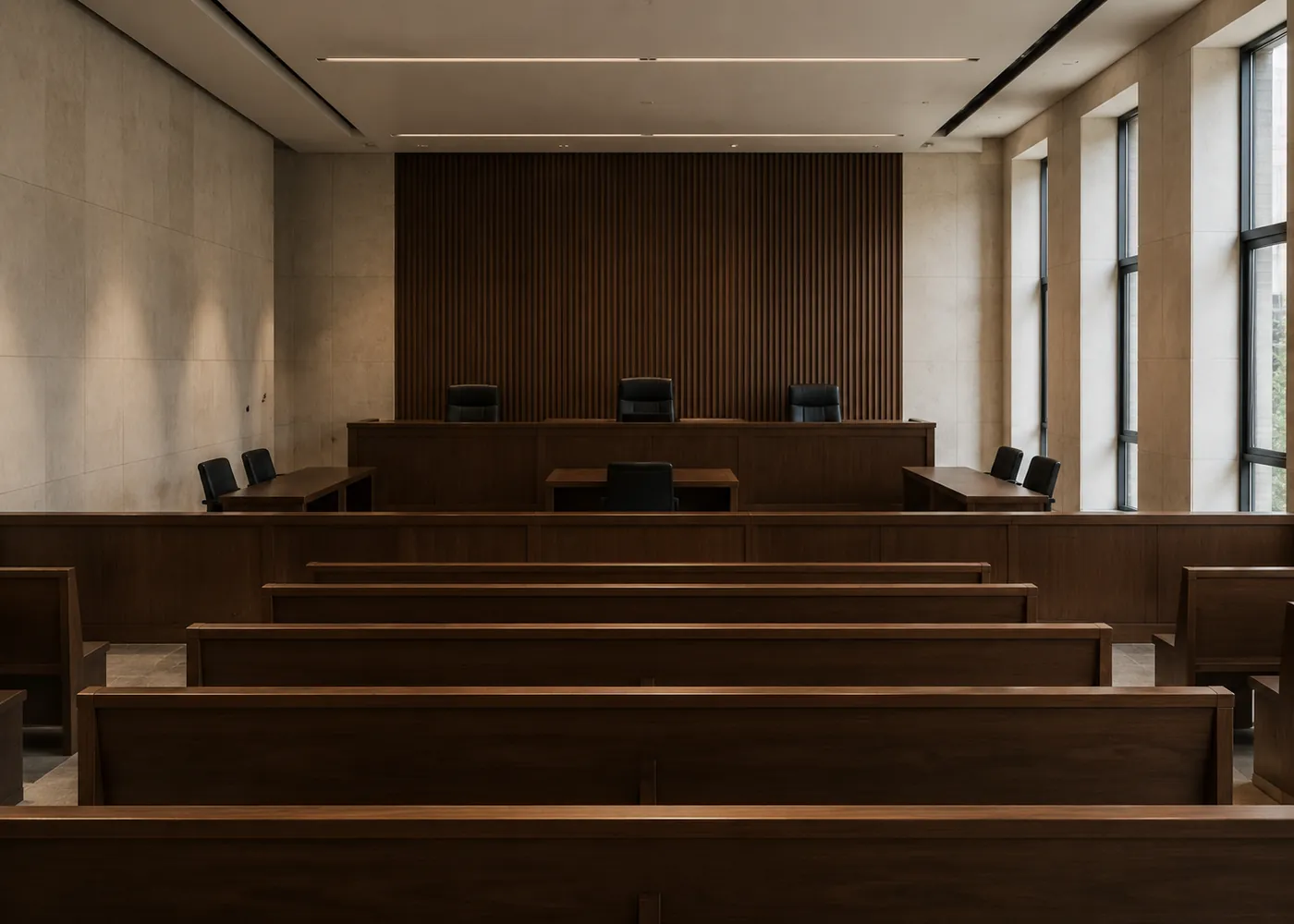 Sala de audiências vazia, em arquitetura institucional contemporânea