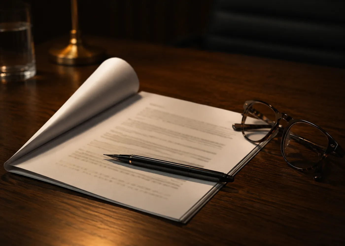 Contrato impresso sobre mesa de madeira, ao lado de caneta e óculos de leitura