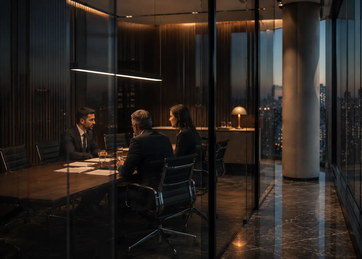 Reunião de trabalho em sala envidraçada, com documentos sobre a mesa