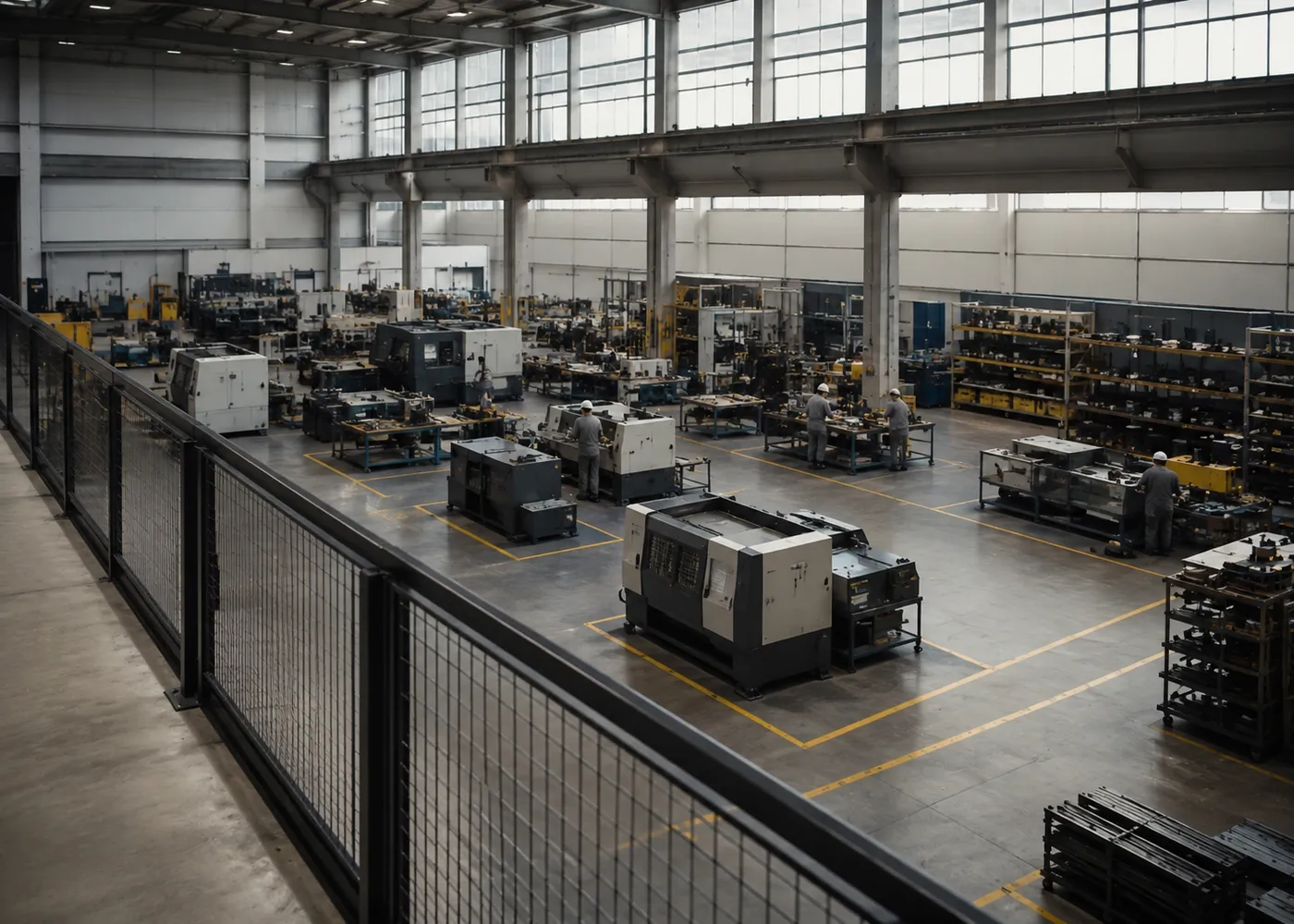 Vista do piso de produção de uma empresa, com equipe em atividade