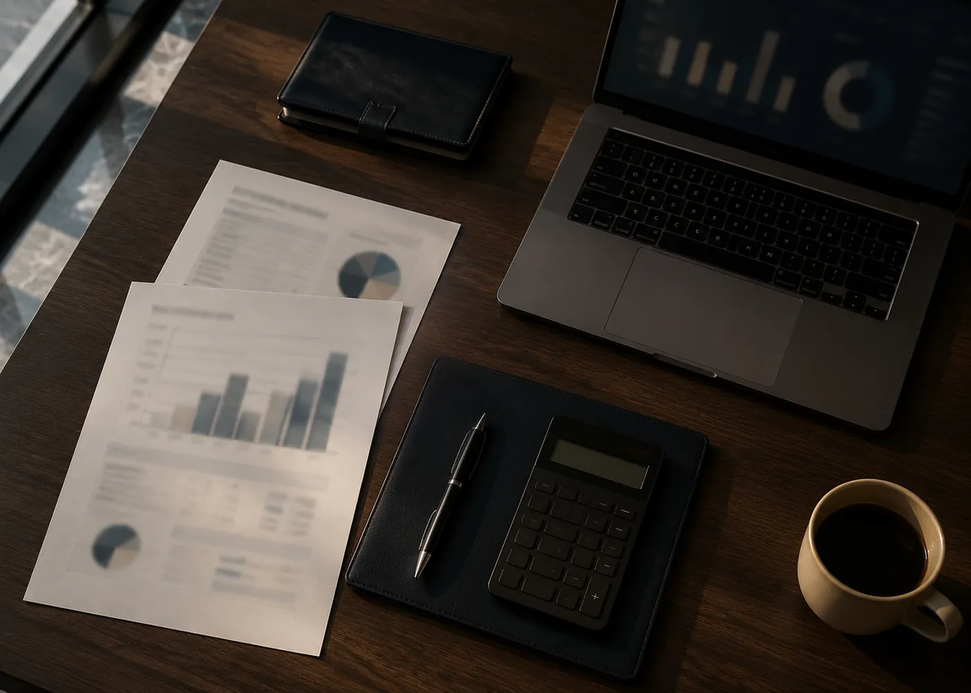 Relatórios financeiros, calculadora e notebook sobre mesa de trabalho