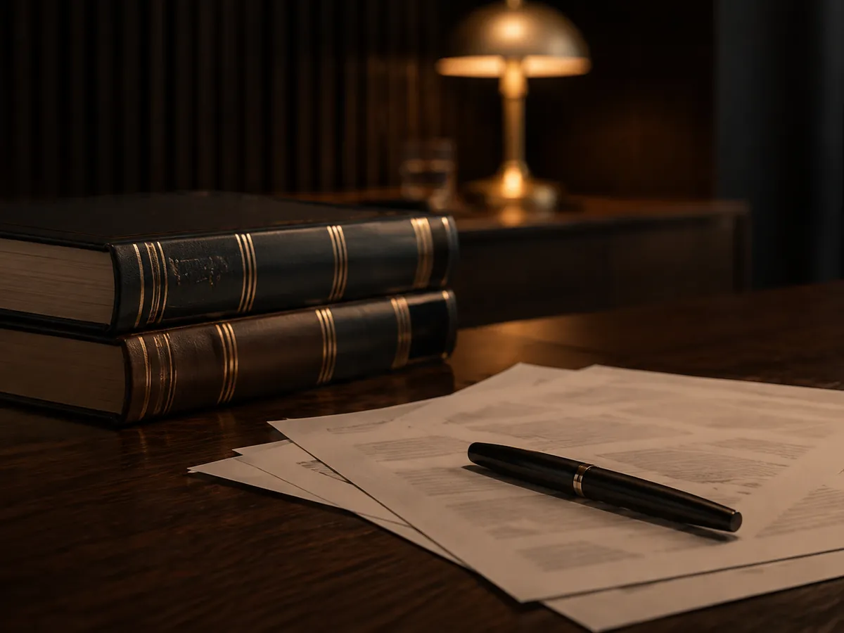 Detalhe de volumes jurídicos e documentos organizados sobre mesa de madeira