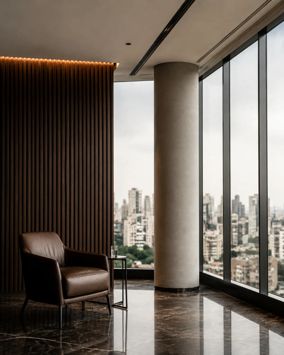 Ambiente interno do escritório, com luz natural lateral, revestimento em madeira e vista urbana ao fundo