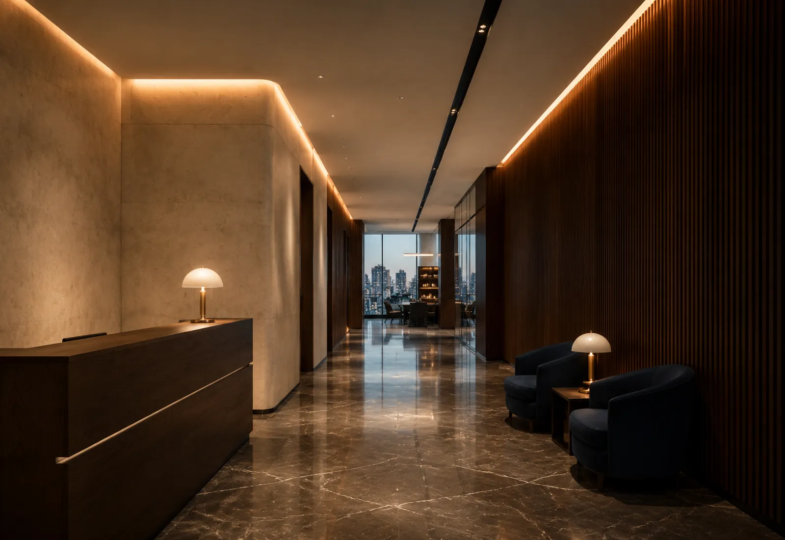 Corredor de recepção do escritório, com parede de pedra natural e iluminação suave
