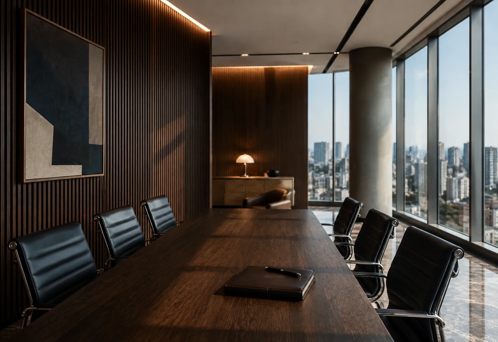 Sala de reuniões do escritório, com mesa longa de madeira, cadeiras e parede envidraçada