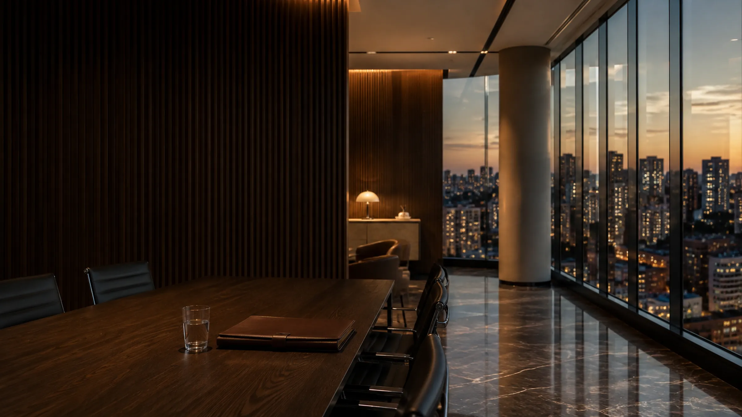 Interior de escritório jurídico contemporâneo, com parede de madeira escura, mesa de reuniões e parede envidraçada com vista urbana ao entardecer